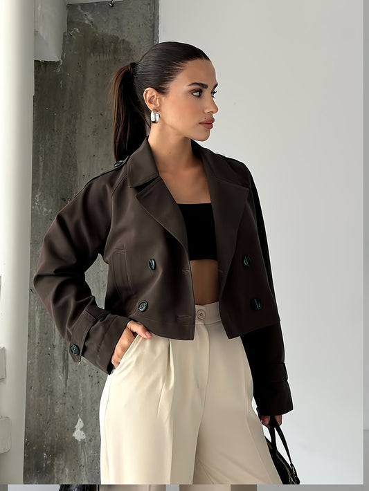 Elegant Coffee Brown Pea Coat for Women with Notched Lapel Long Sleeve Double Breasted Cropped Style