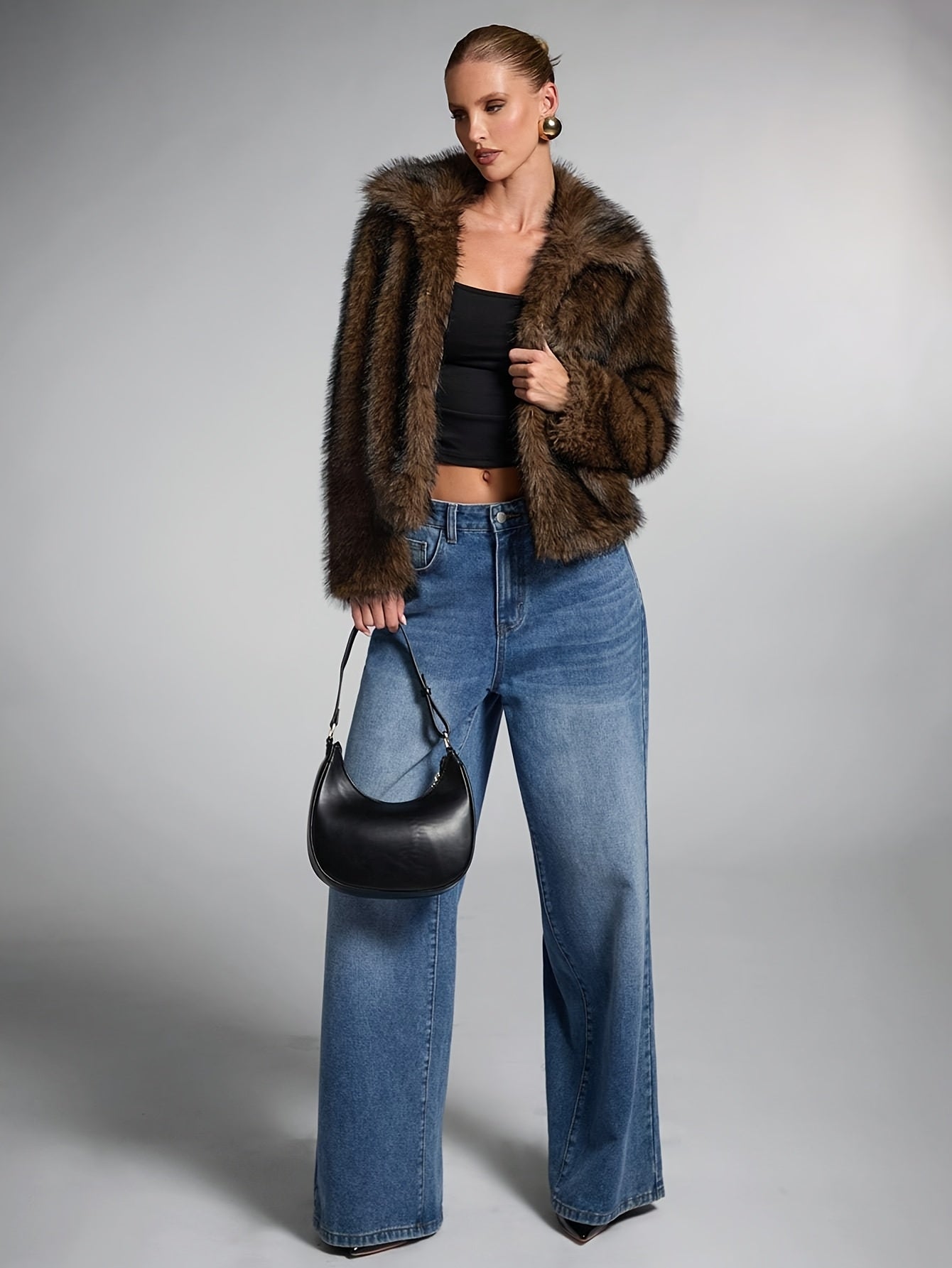 Elegant Bronze Fur Coat for Women with Notch Collar Long Sleeve Cropped Open Front Style