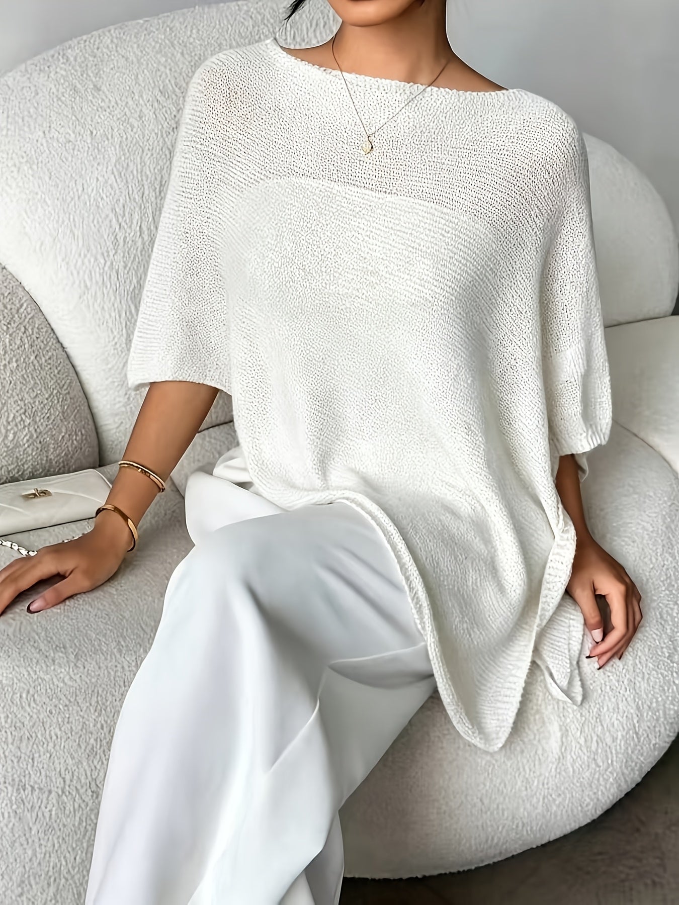 Effortless Poncho Shirt for Women with Boat Neck Asymmetric Hem Sheer Knit Style