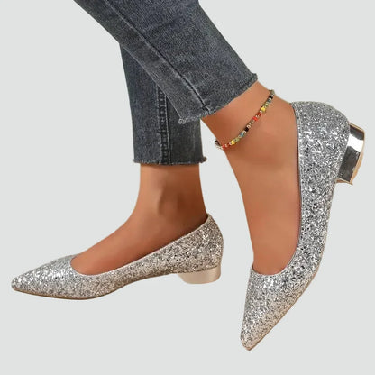 Elegant Glitter Kitten Heels for Women with Pointed Toe Low Block Heel Pump Style