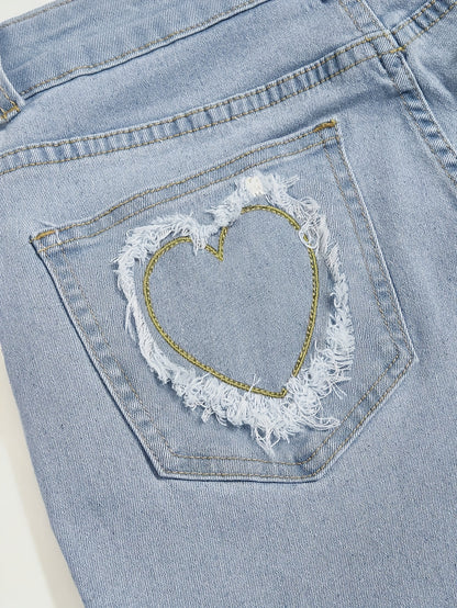 Elegant Light Blue Denim Flare Jeans for Women with Heart Buckle Frayed Belt Western Style