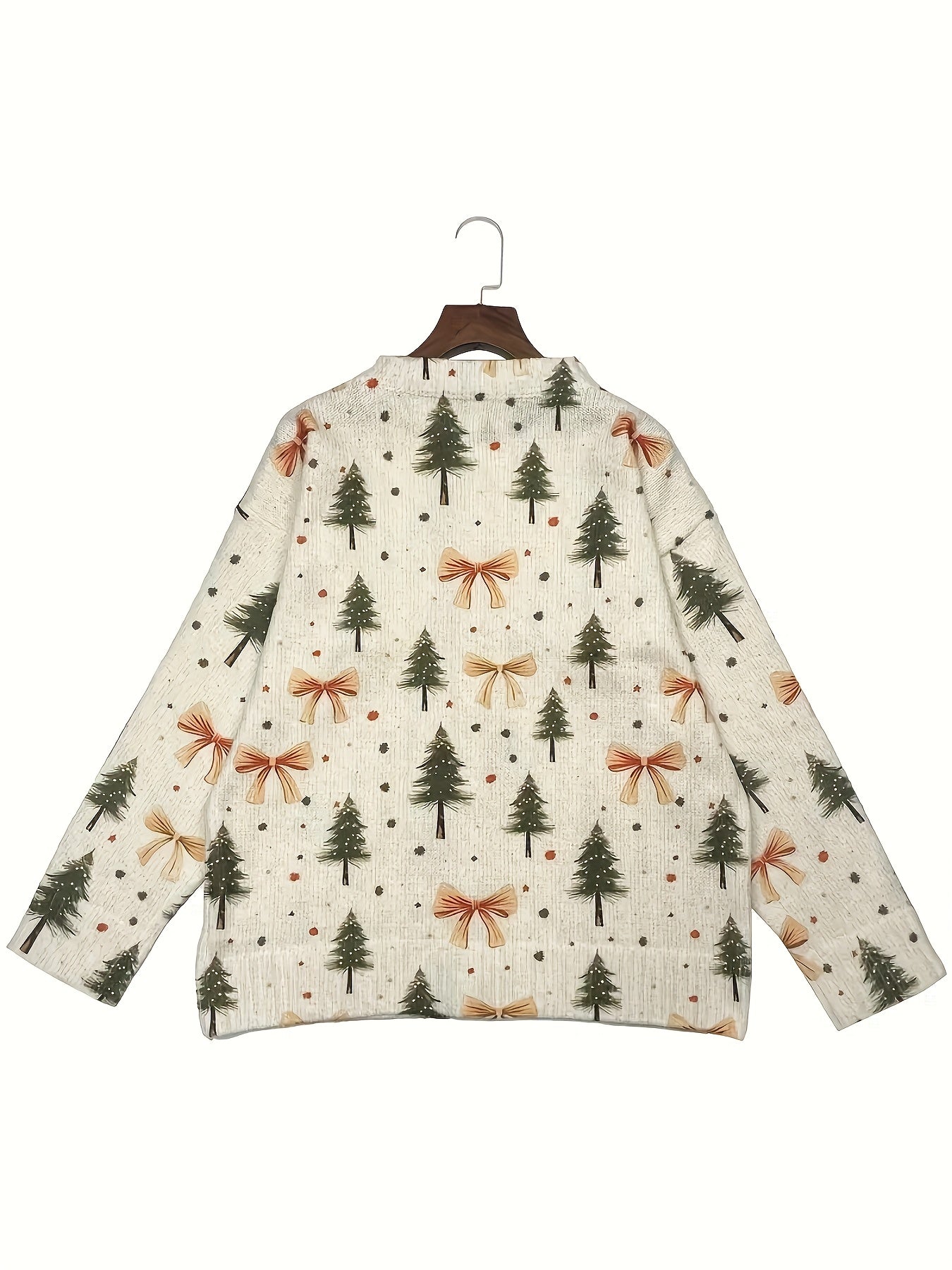 Comfortable Bow Print Christmas Sweater for Women with V Neck Long Sleeve Button Front Relaxed Knit Style