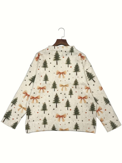 Comfortable Bow Print Christmas Sweater for Women with V Neck Long Sleeve Button Front Relaxed Knit Style