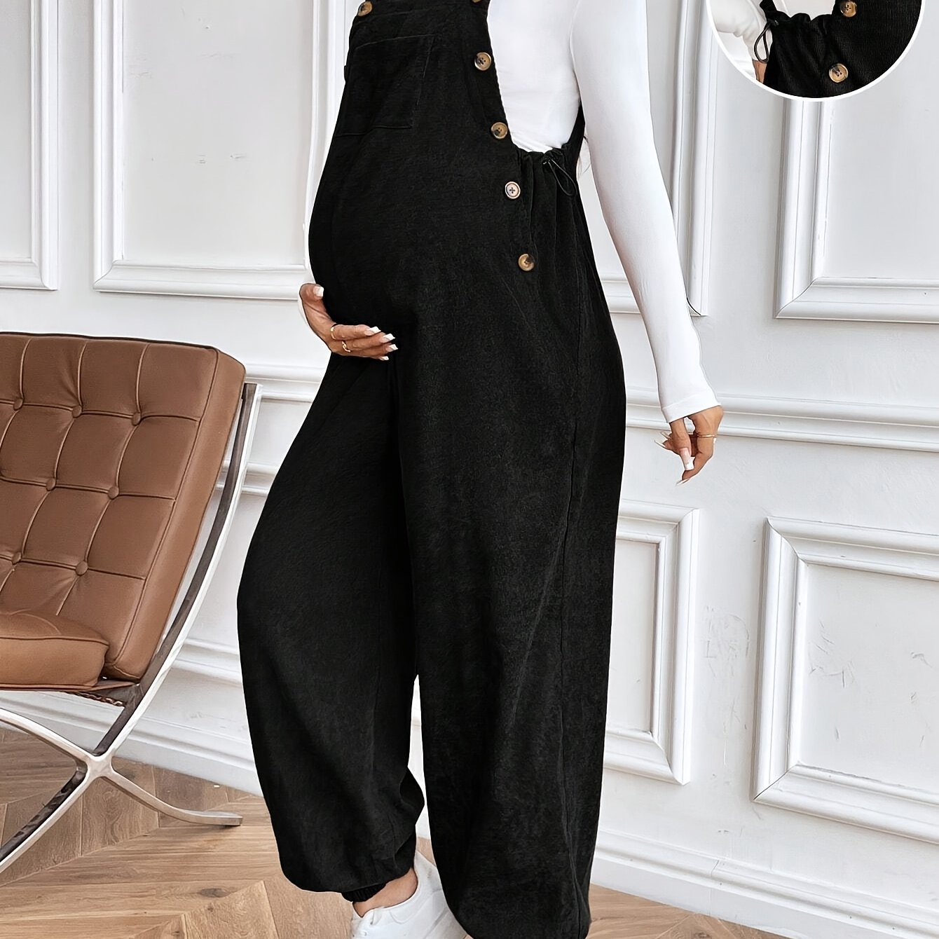 Effortless Corduroy Maternity Overalls for Women with Square Neck Sleeveless Wide Leg Relaxed Style