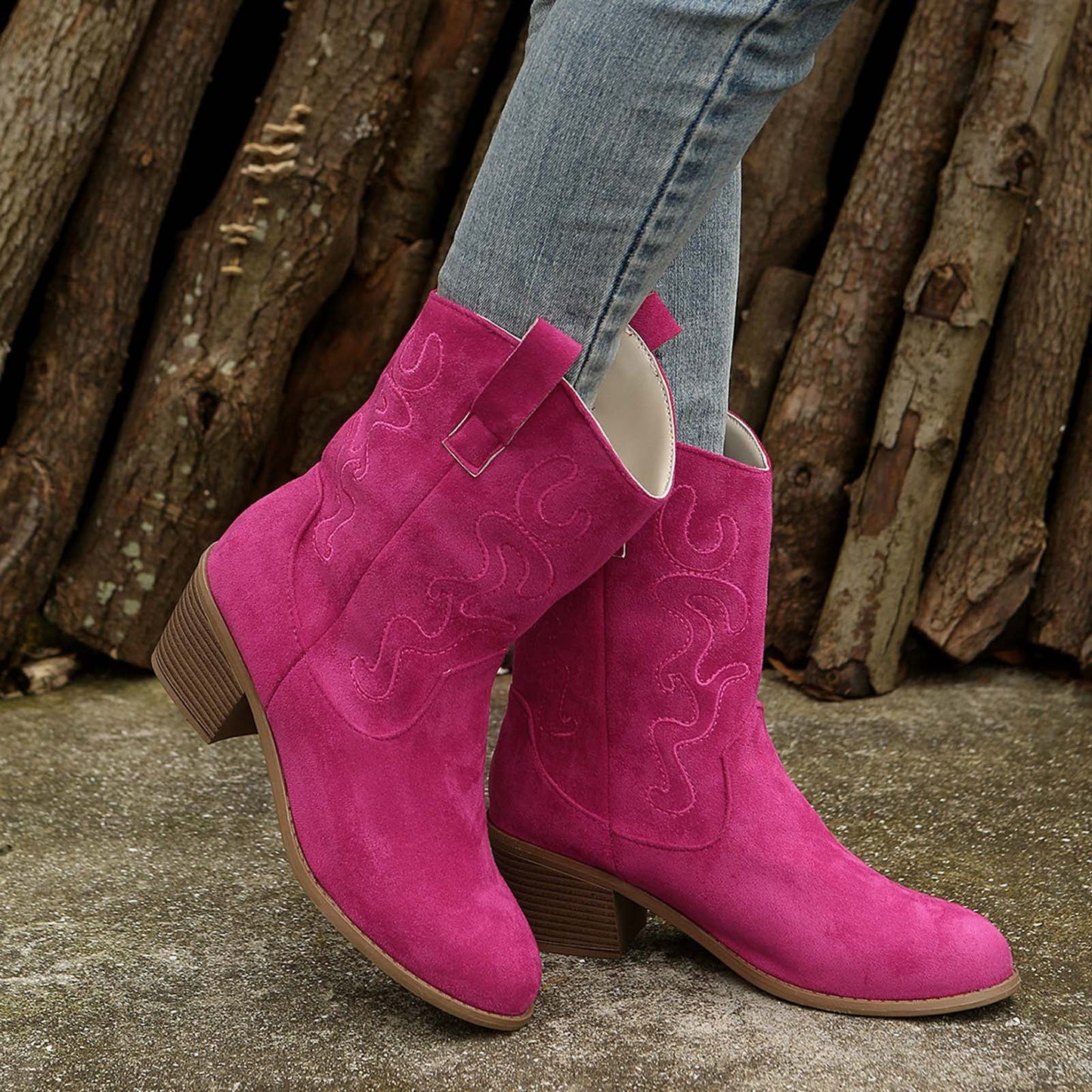 Stylish Suede Cowboy Boots for Women with Embroidered Pointed Toe Block Heel Western Style