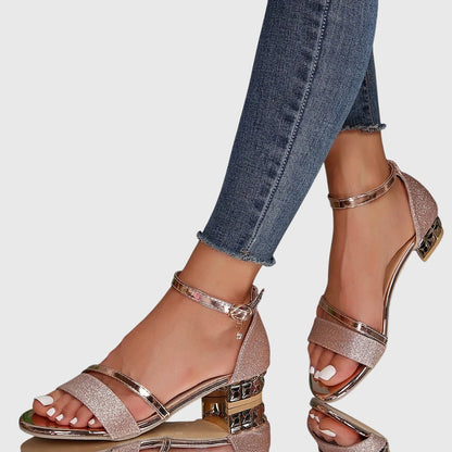 Comfortable Orthopedic Sandals for Women with Ankle Strap Block Heel Gold Trim Open Toe Dress Sandal Style