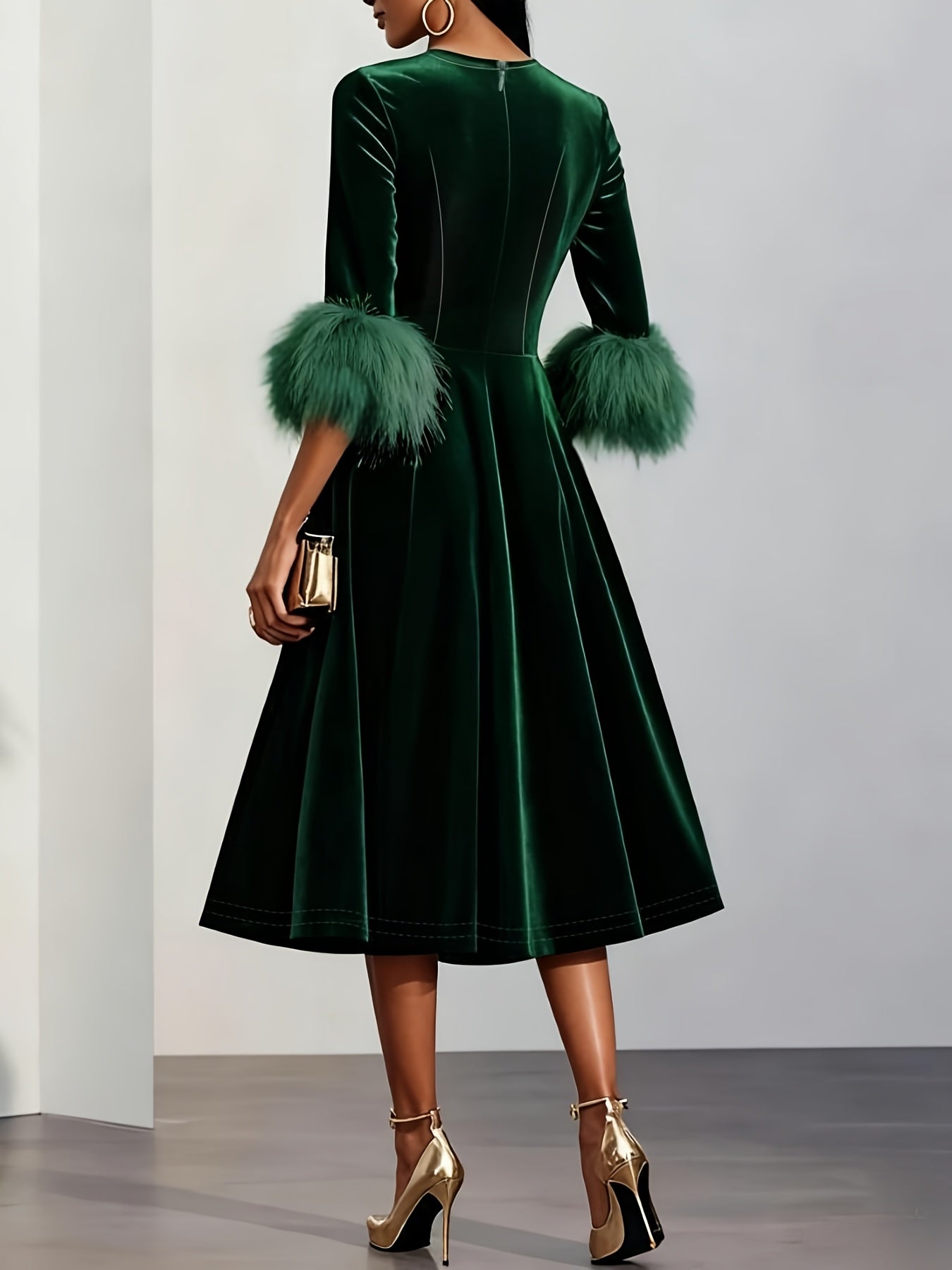 Elegant Velvet Semi Formal Dress for Women with Round Neck Feather Trim Sleeve Fit and Flare Midi Party Style