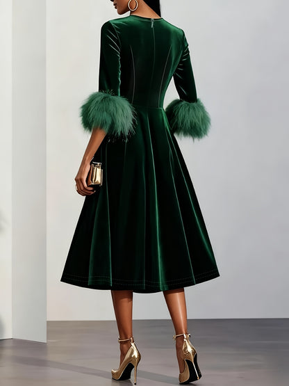Elegant Velvet Semi Formal Dress for Women with Round Neck Feather Trim Sleeve Fit and Flare Midi Party Style