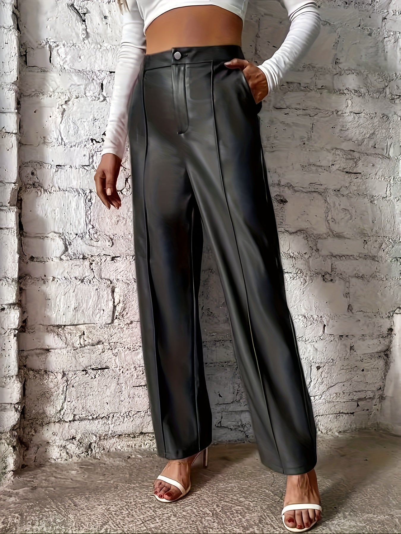 Elegant Black Faux Leather Slacks for Women with High Waist Pintuck Wide Leg Relaxed Style
