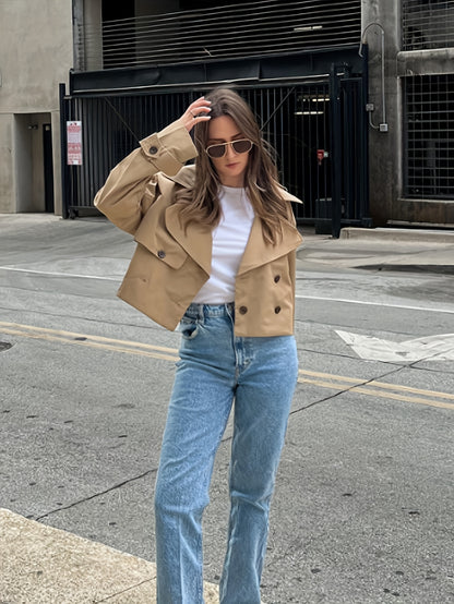 Elegant Coffee Brown Pea Coat for Women with Notched Lapel Long Sleeve Double Breasted Cropped Style