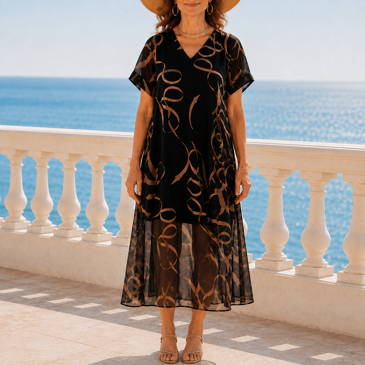 Elegant Black Ribbon Print Midi Dress for Women with V Neck Flutter Sleeve Sheer Hem Fall Flowing Style