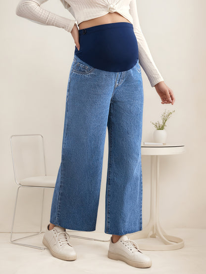 Effortless Blue Denim Maternity Jeans for Women with Wide Leg Belly Band Relaxed Casual Style