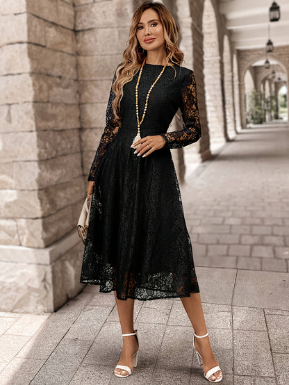 Elegant Black Lace Long Sleeve Wedding Dress for Women with Round Neck Fit And Flare Flowing Style