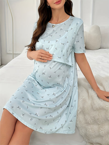 Comfortable Mixed Print Maternity Nursing Dress for Women with Round Neck Short Sleeve Layered Tiered Style