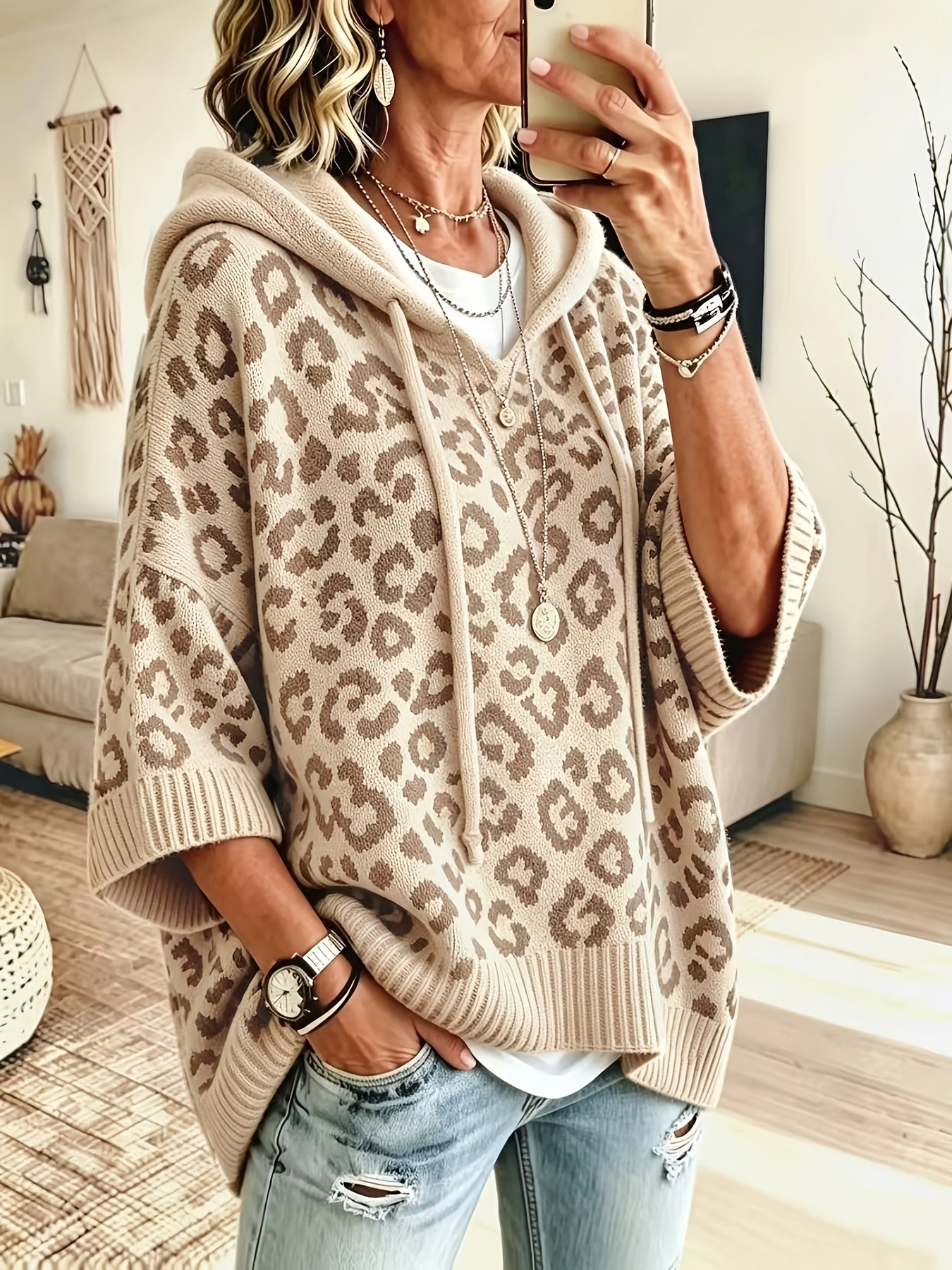 Comfortable Leopard Print Oversized Hoodie for Women with Hooded Neck Batwing Sleeve Drawstring Knit Style