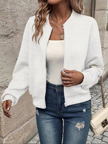 Effortless Quilted Bomber Jacket for Women with Crew Neck Long Sleeve Zip Front Cropped Casual Style