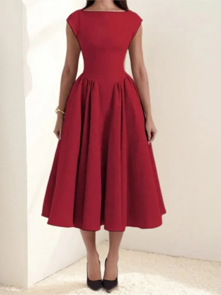 Elegant Midi Dress for Women with Round Neck Sleeveless Pleated Fit and Flare Formal Style