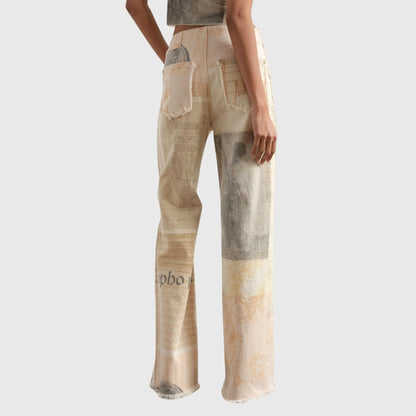 Effortless Ivory Collage Print Wide Leg Jeans for Women with High Waist Raw Hem Frayed Pocket Relaxed Style