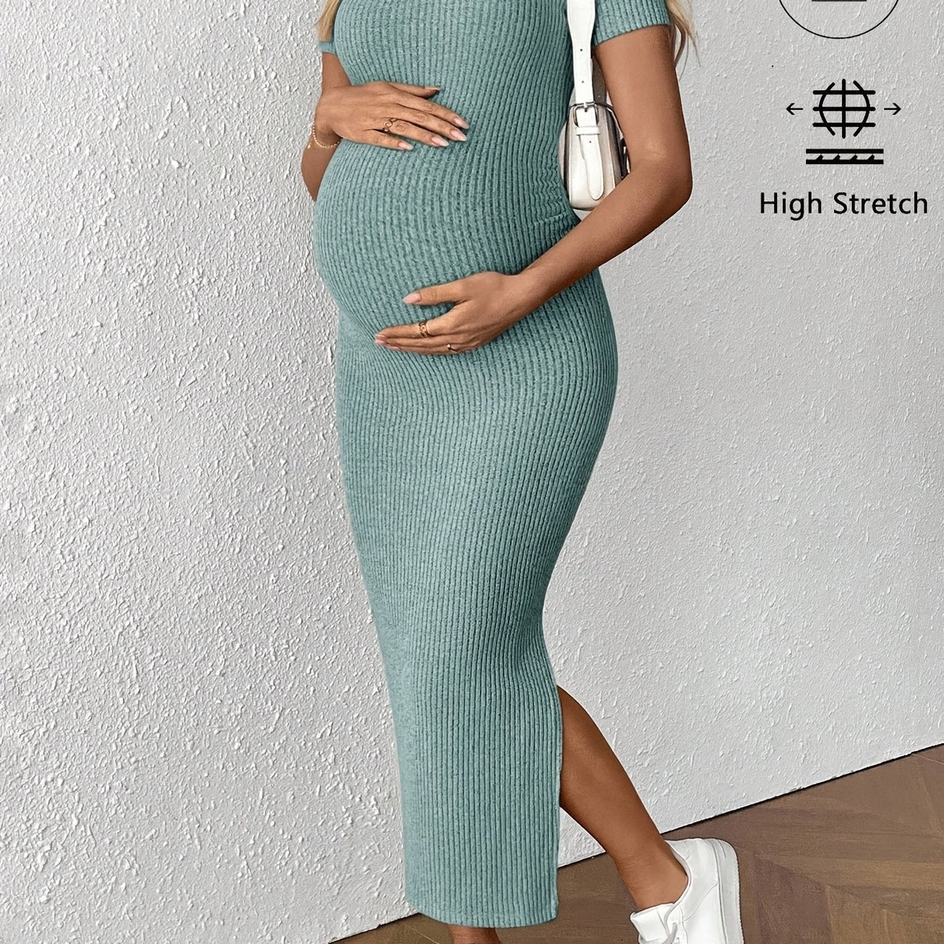Comfortable Ribbed Knit Maternity Maxi Dress for Women with Square Neck Short Sleeve Bodycon Side Slit Style