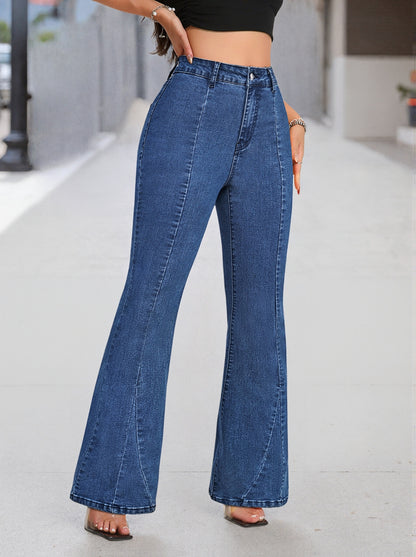 Effortless Medium Blue High Waisted Jeans for Women with Flared Leg Button Front Relaxed Casual Style