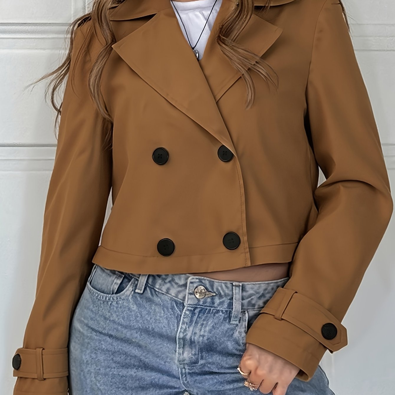 Elegant Brown Cropped Pea Coat for Women with Notched Lapel Long Sleeve Double Breasted Casual Style