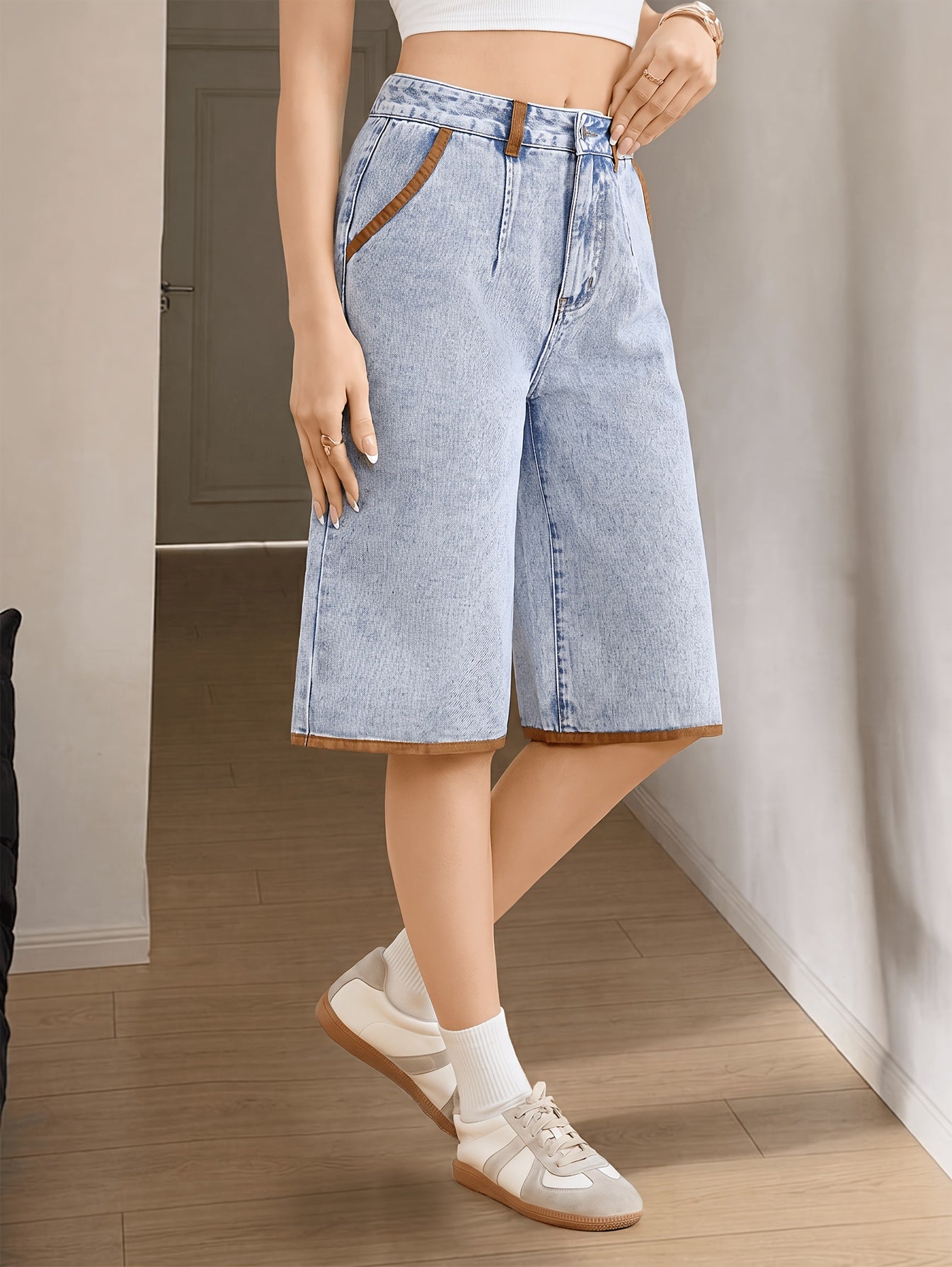 Effortless Light Blue Denim Culotte Jean Shorts for Women with High Waist Wide Leg Raw Hem