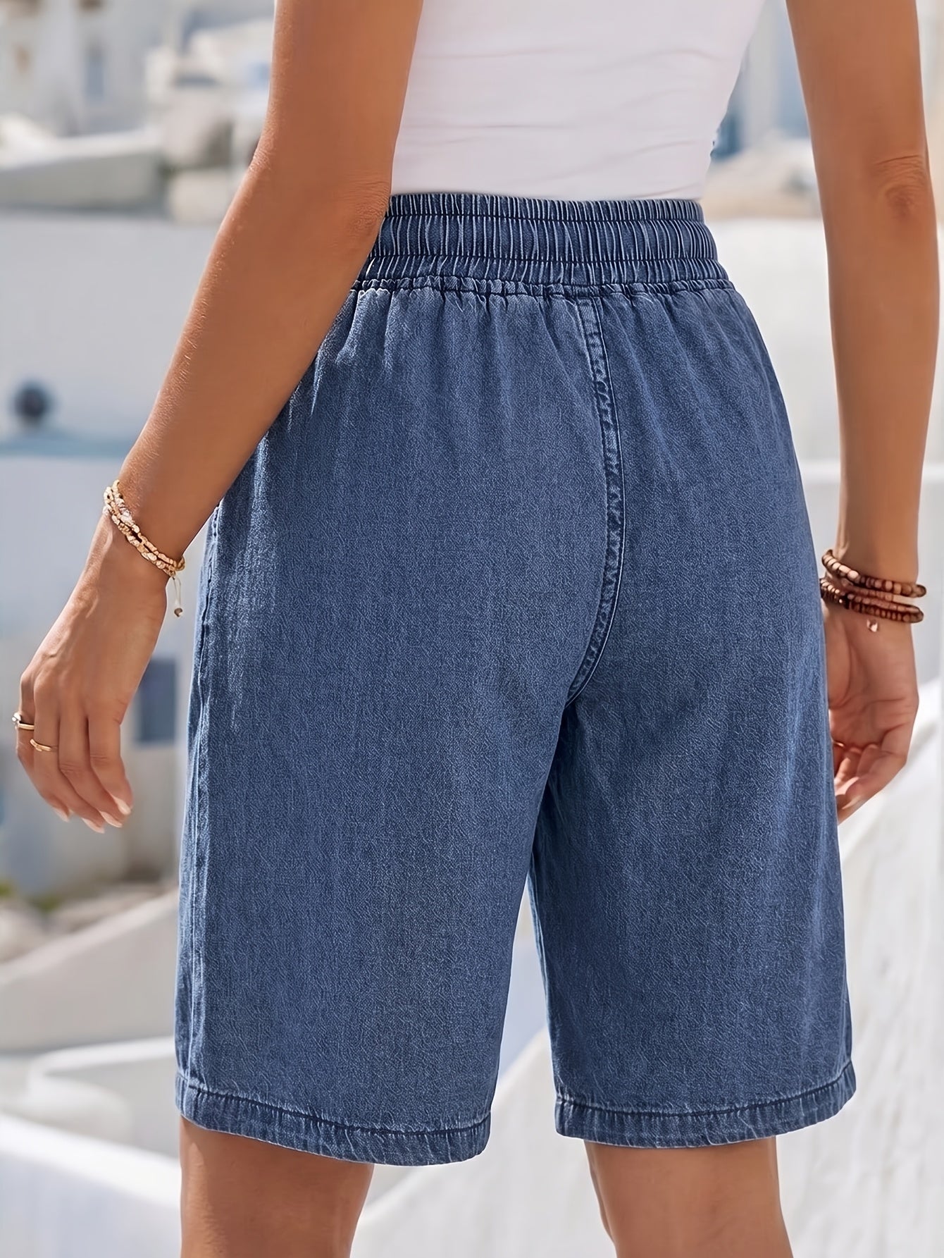 Effortless Blue Jean Shorts for Women with High Waist Drawstring Pocket Bermuda Style