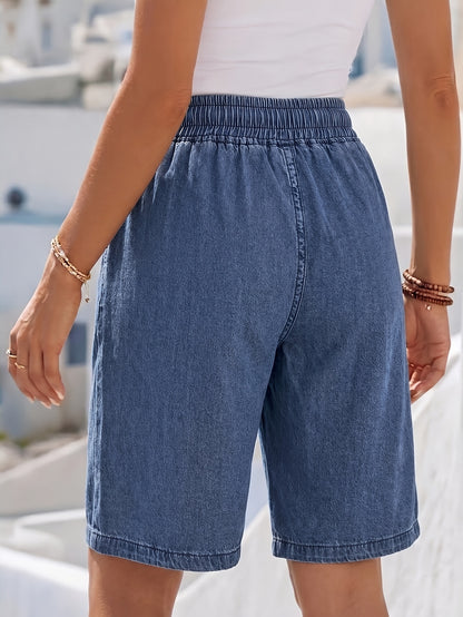 Effortless Blue Jean Shorts for Women with High Waist Drawstring Pocket Bermuda Style