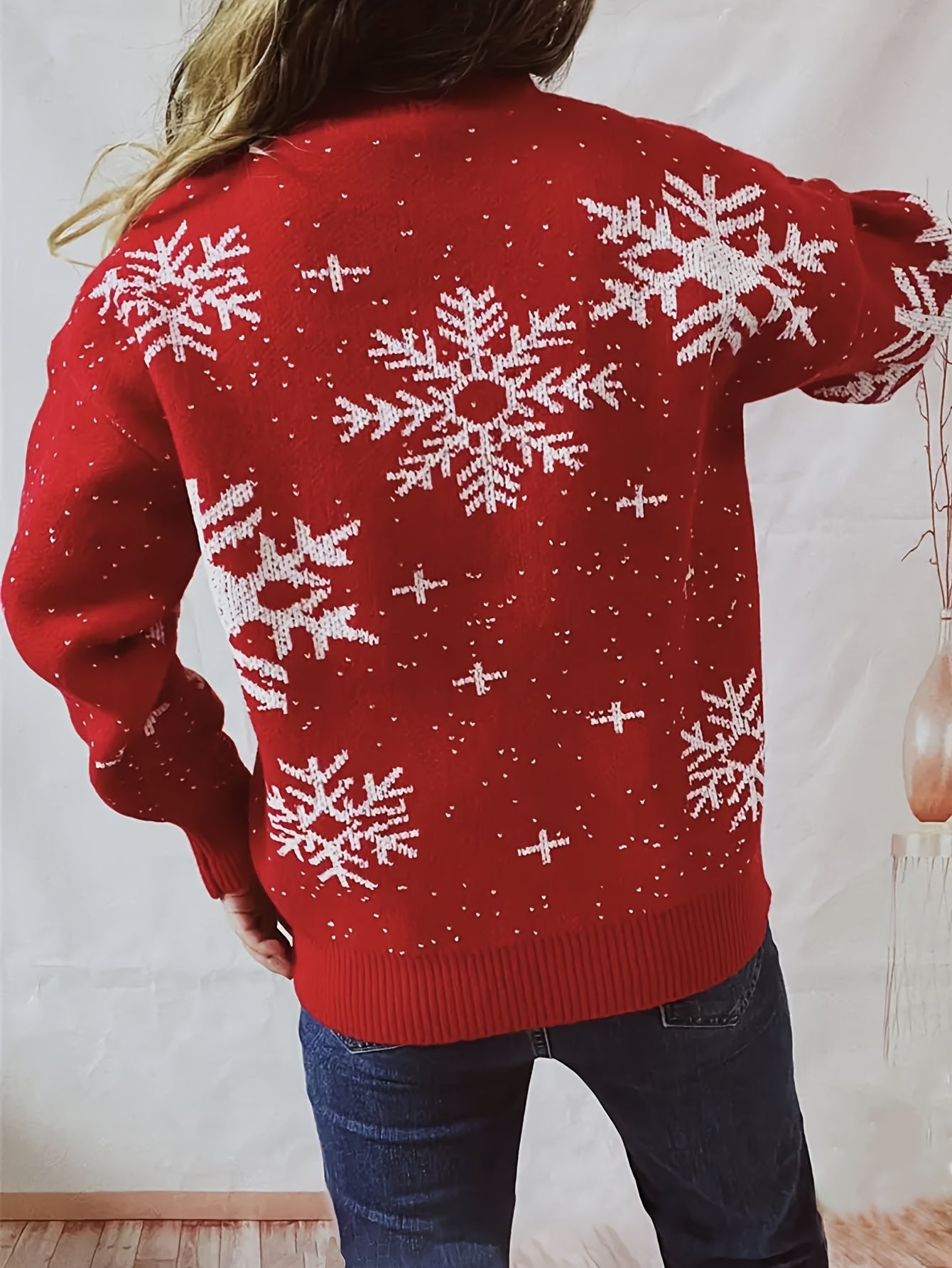 Cozy Red Snowflake Christmas Sweater for Women with Mock Neck Long Sleeve Oversized Knit Style