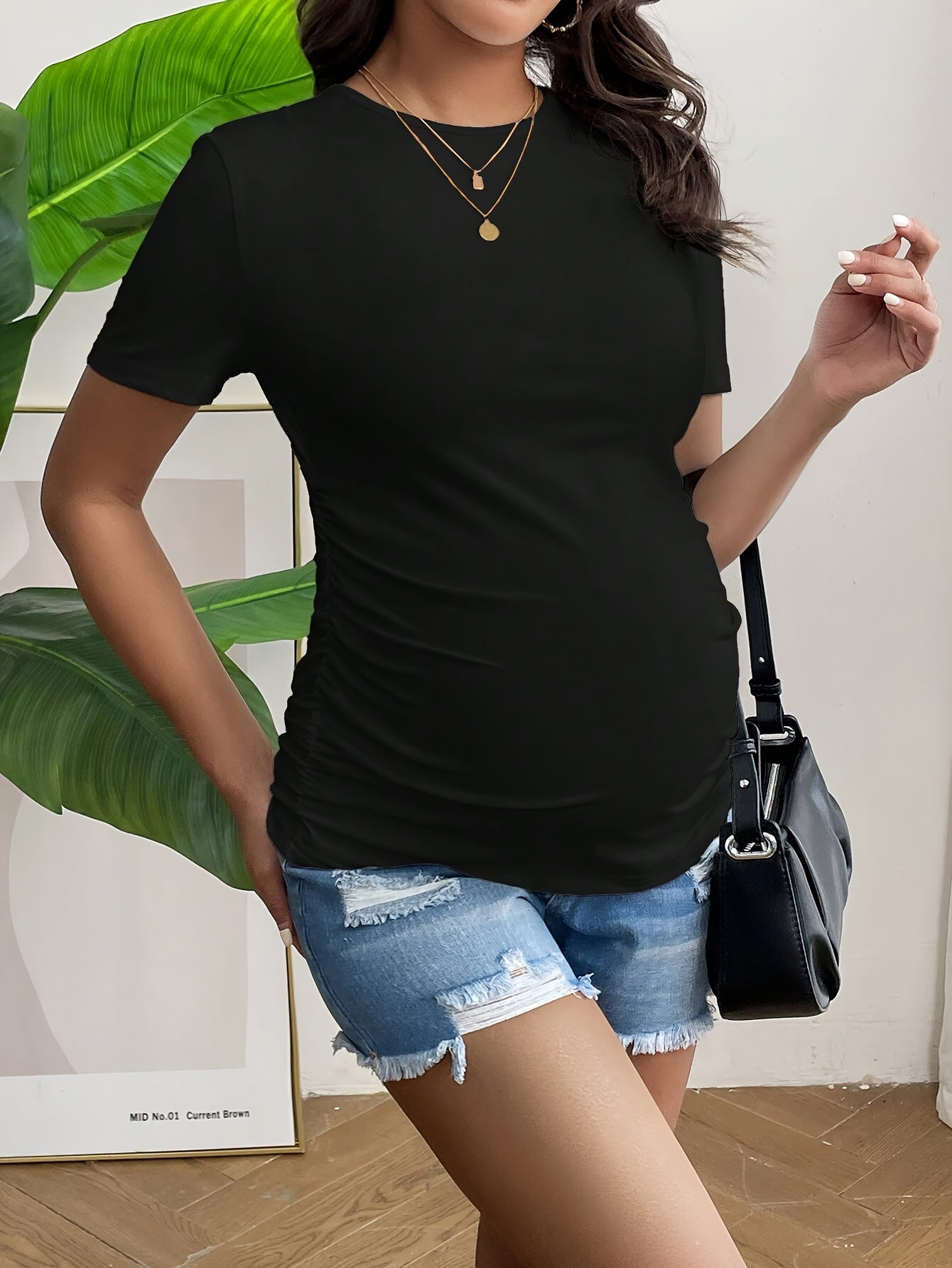 Comfortable Beige Maternity T-Shirt for Women with Crew Neck Short Sleeve Ruched Fitted Style