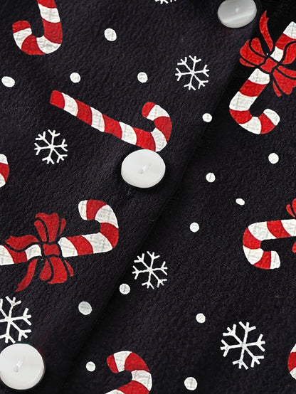 Cozy Black Candy Cane Print Christmas Pajamas for Women with Notch Collar Long Sleeve Ruffle Trim Relaxed Style