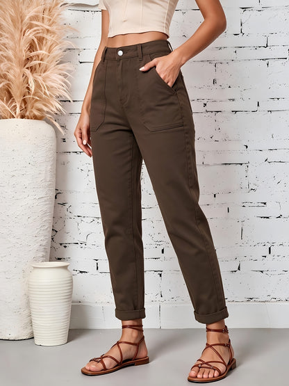 Effortless Coffee Brown Cotton Trousers for Women with High Waist Patch Pocket Cuffed Hem Relaxed Style