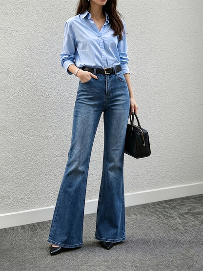 Elegant Medium Blue High Waisted Jeans for Women with Flare Leg Back Pocket Relaxed Casual Style