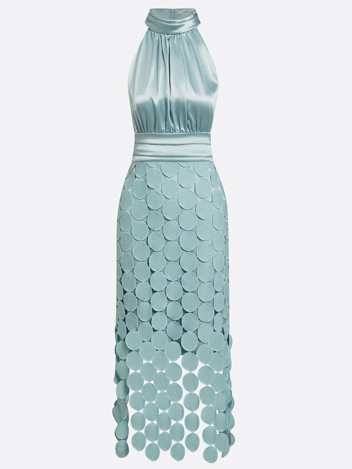 Elegant Satin Circle Cutout Midi Dress for Women with Halter Neck Sleeveless Ruched Waist Autumn Wedding Guest Style