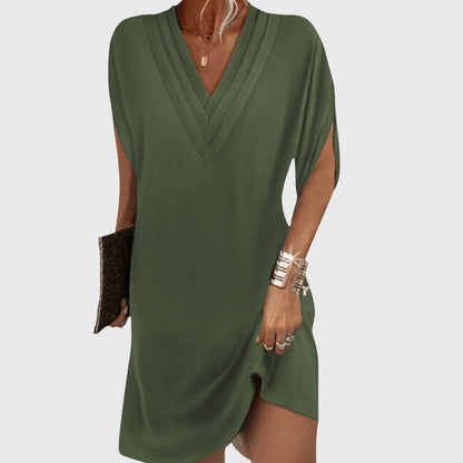 Effortless V Neck Mini Dress for Women with Short Sleeve Draped Cocoon Relaxed Style