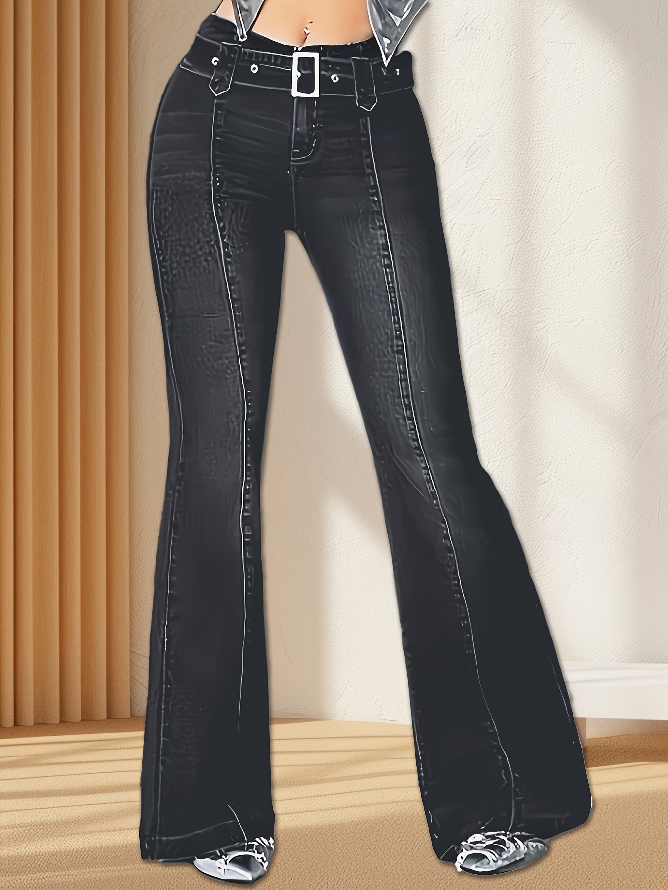 Effortless Dark Blue Flare Jeans for Women with High Waist Belted Contrast Stitch Relaxed Style
