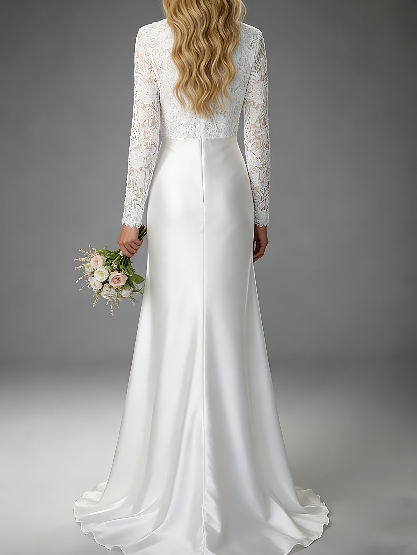 Elegant Lace Wedding Gown for Women with Round Neck Long Sleeve A Line Satin Train Bridal Style