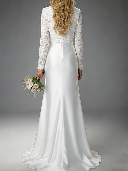 Elegant Lace Wedding Gown for Women with Round Neck Long Sleeve A Line Satin Train Bridal Style