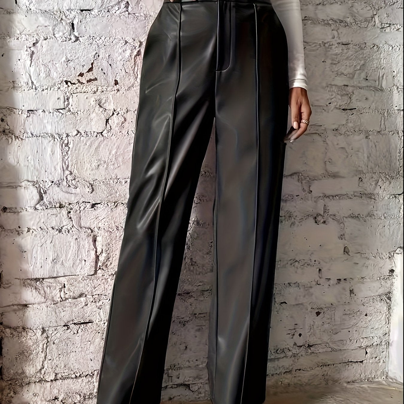 Elegant Black Faux Leather Slacks for Women with High Waist Pintuck Wide Leg Relaxed Style