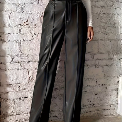 Elegant Black Faux Leather Slacks for Women with High Waist Pintuck Wide Leg Relaxed Style