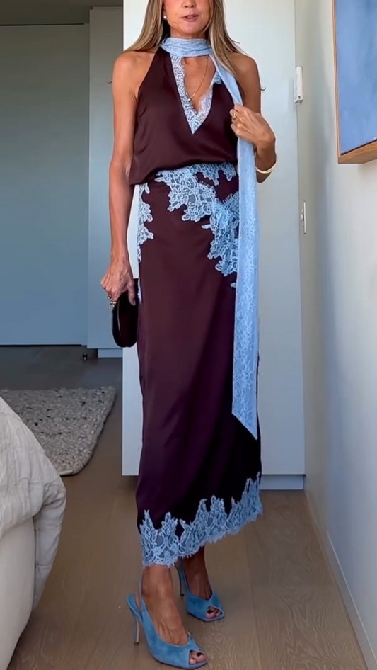 Elegant Lace Panel Halter Top and Skirt Set for Women with Satin Maxi Skirt