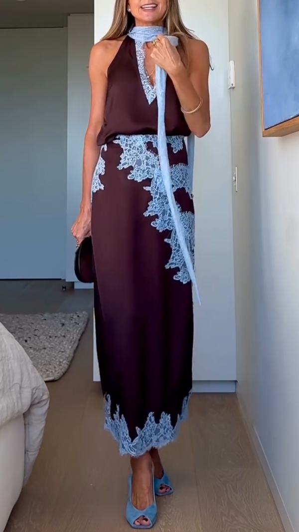 Elegant Brown Maxi Dress for Women with V Neck Halter Tie Dye Print Side Slit Flowing Style