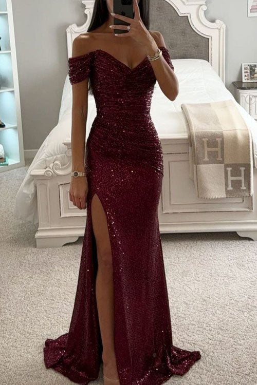 Elegant Sequin Dress for Women with Off Shoulder Sweetheart Neck Ruched Slit Formal Party Style