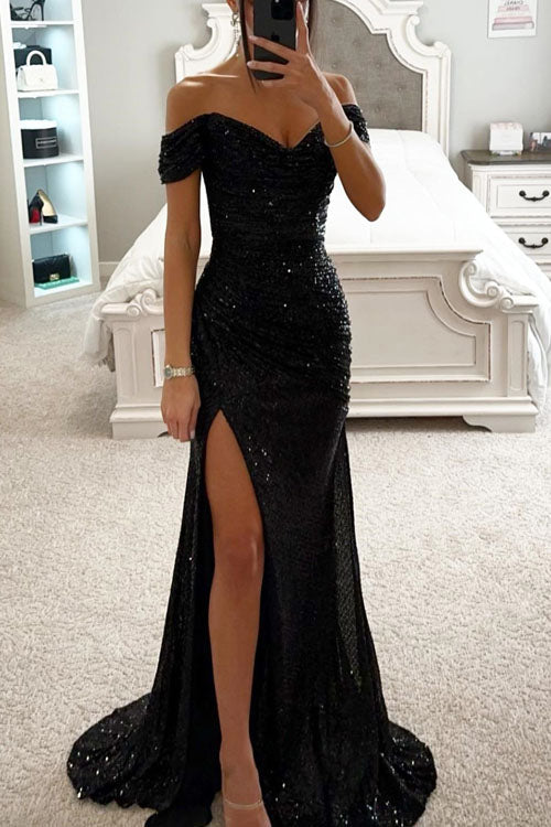 Elegant Sequin Dress for Women with Off Shoulder Sweetheart Neck Ruched Slit Formal Party Style
