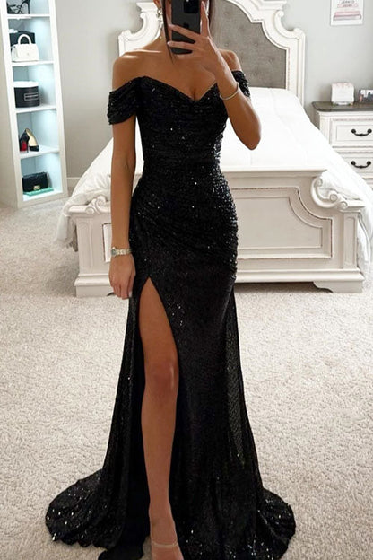 Elegant Sequin Dress for Women with Off Shoulder Sweetheart Neck Ruched Slit Formal Party Style
