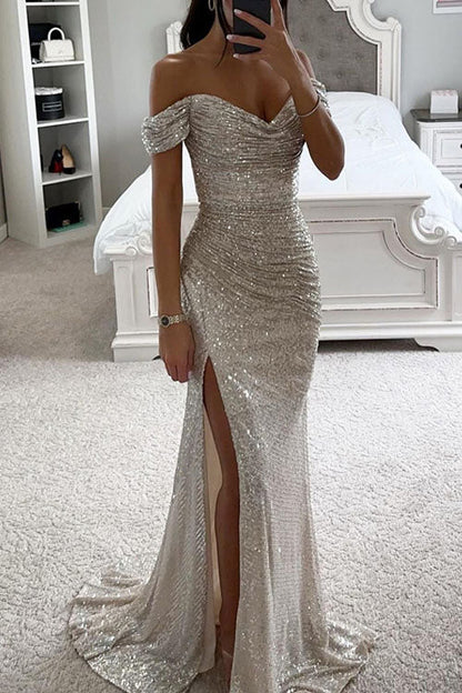 Elegant Sequin Dress for Women with Off Shoulder Sweetheart Neck Ruched Slit Formal Party Style