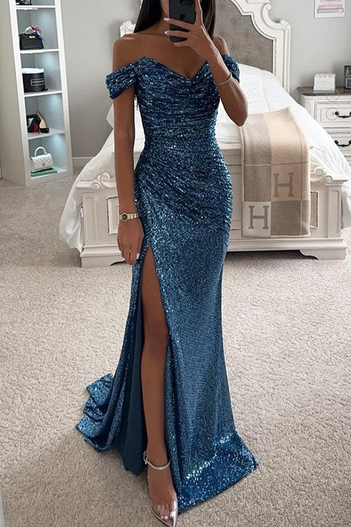 Elegant Sequin Dress for Women with Off Shoulder Sweetheart Neck Ruched Slit Formal Party Style