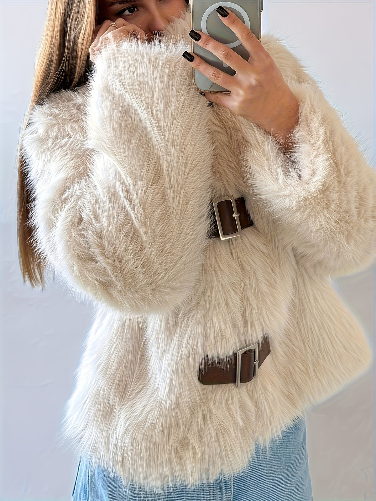 Cozy Cream Flurry Coat for Women with Buckle Front Shaggy Faux Fur Cropped Plush Winter Style