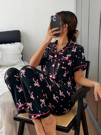 Comfortable Bow Print Pajama Set for Women with Notched Collar Short Sleeve Button Front Two Piece Style