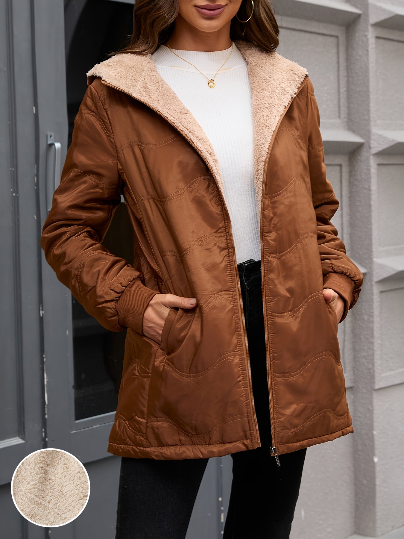 Comfortable Sherpa Lined Quilted Jacket for Women with Hooded Long Sleeve Zip Front Relaxed Style